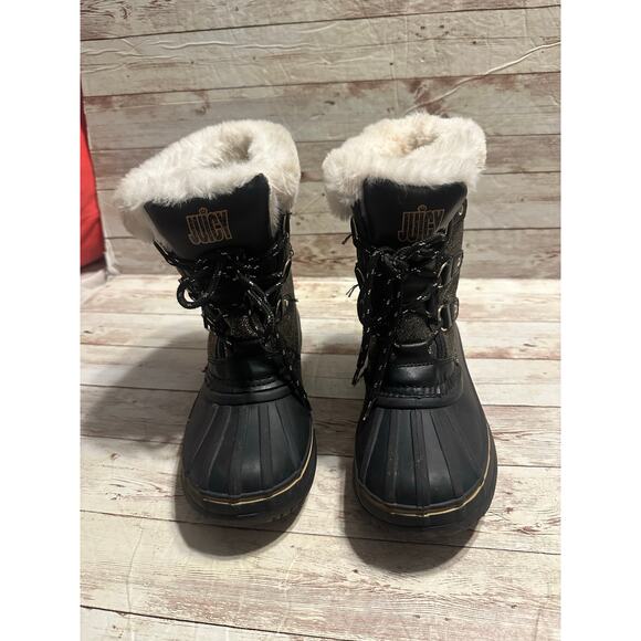 Juicy Couture Glitter Escalon Snow Boots Girls Size 3 Black Gold Blingy Sherpa - Picture 4 of 9